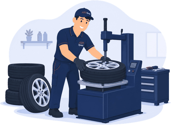 Mechanic changing a tyre on a tyre changing machine